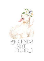 Friends not food Vegan Watercolor poster illustration. Cute spring bunny ethical living print. Not tested on animals. No animal testing.Go vegan. Organic. Animal sticker, flyer,logo, stamp,icon diy