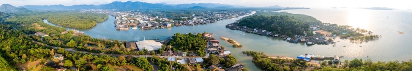 Fototapeta na wymiar Aerial city view of Ranong and its estuary, Thailand