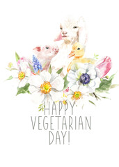 Happy Vegetarian day Vegan Watercolor poster illustration. Cute spring bunny ethical living print. Not tested on animals. No animal testing.Go vegan. Organic. Animal sticker, flyer,logo,print