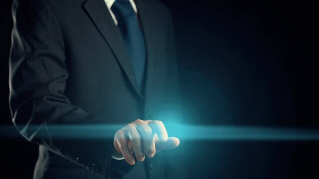 Businessman show hologram of programming coding allusive technology. Virtual augmented reality generated by 3D rendering motion graphic and animation to create futuristic HUD .