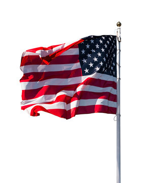 American national flag wawing on the wind isolated on vertical white background with copyspace. USA symbol of democracy, independence and liberty