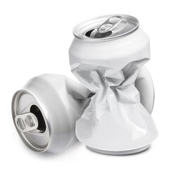 Crumpled aluminium cans, isolated on white background
