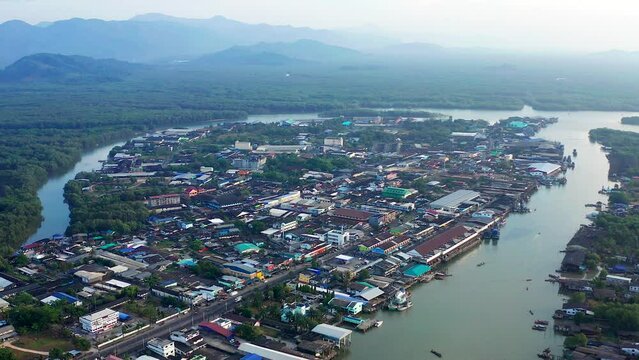 Aerial city view of Ranong and its estuary, Thailand