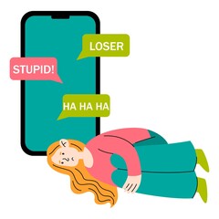 Consept cyberbullying. Sad girl with big phone. Offensive messages in social networks. Cancel culture.