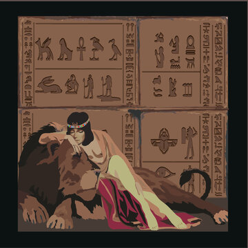 Cleopatra in an embrace with a lion lies on the background of Egyptian hieroglyphs, vector image, painting, art, picture