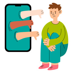 Consept cyberbullying. Sad man with big phone. Dislikes in social networks. Cancel culture.