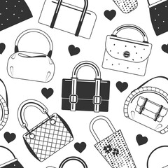 monochrome seamless pattern from fashion bags. Endless texture. Vector illustration. Doodle style.