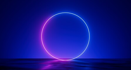 Abstract neon background with fluorescent ring, blank round frame. Simple geometric shape. Laser line glowing with pink blue light