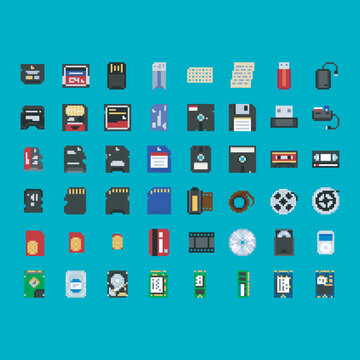 Vector illustration of digital and analogue storage devices - disc, card, floppy, tape, hard drive, flash memory isolated video game asset icon set