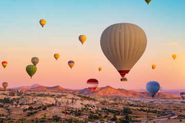 Flight of hot air balloons in Cappadocia, Turkey