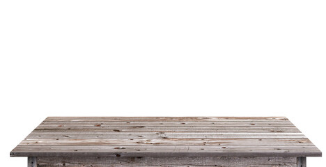 Wooden tabletop on white with clipping path with display montage for product. Empty rustic wood table.