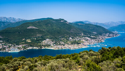 Fototapeta na wymiar Kotor bay scenic view in Montenegro from above. Amazing aerial panorama on Adriatic sea and mountains