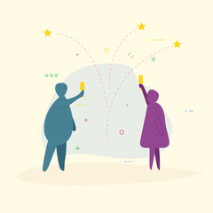 One person with glass of champagne and one with sparklers. Man and woman team celebrating together. Abstract human drawings. Trendy vector illustration. Abstract bubble rounded characters friends.