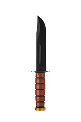 Modern hunting knife with black blade and wooden handle. Steel arms. Isolate on a white back.