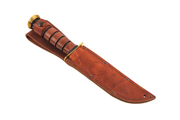 Modern hunting knife with black blade and wooden handle. Steel arms. Isolate on a white back.