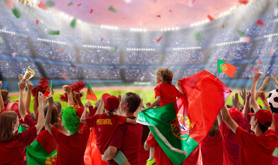 Portugal football team supporter on stadium. - obrazy, fototapety, plakaty