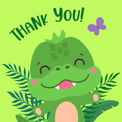 Safari birthday card with cute crocodile kawaii style. Adorable baby crocodile waving and smiling. Thank you text. Kids party, birthday invitation card template. Placement print, book cover, poster.