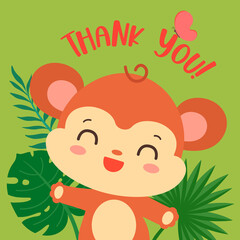 Safari birthday card with cute monkey kawaii style. Adorable baby monkey waving and smiling. Thank you text. Kids party, birthday invitation card template. Placement print, book cover, poster.