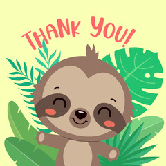 Safari birthday card with cute sloth kawaii style. Adorable baby sloth waving and smiling. Thank you text. Kids party, birthday invitation card template. Placement print, book cover, poster. © Cute Design