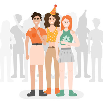 Three women at the party stand in front of crowd, hugging, smiling, taking a picture. Happy people celebrating with party hats. Holiday celebration concept. Vector illustration having fun with friends