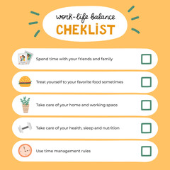 Cute scrapbook templates for planner (notes, to do, to buy and other) with colorful illustrations about work life balance. With printable, editable illustrations. For school and university schedule.