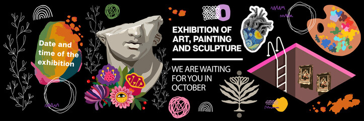 Art objects for exhibition of classical and contemporary painting, sculpture and music. Vector abstract modern illustrations for creative festivals and art events. Drawings for poster