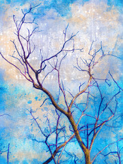 A spring tree without leaves against a bright sky. Turquoise sky with white clouds. The natural beauty of nature. Digital watercolor painting. Canvas texture