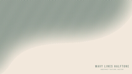 Wavy Ripple Lines Halftone Engraving Pattern Abstract Vector Smooth Curved Pale Green Border Isolated On Light Background. Half Tone Art Graphic Aesthetic Neutral Wallpaper. Bent Form Abstraction