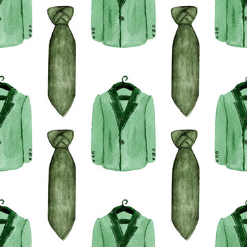 Watercolor seamless pattern with necktie and jacket on Father's Day, in green colors on white background.