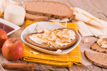 Rye bread with apple in crispy slices with skin.