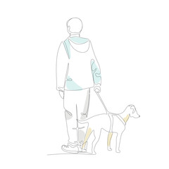 Vector illustration of a guy walking with a dog drawn in line-art style