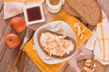 Rye bread with apple in crispy slices with skin.