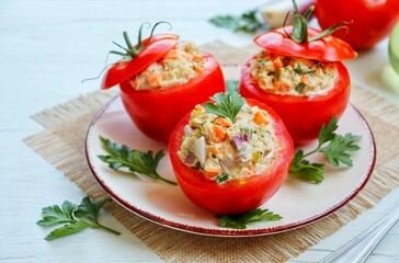 Fresh ripe tomatoes stuffed with canned tuna and vegetables salad on plate with white wood background.Easy and healthy Italian summer salad
