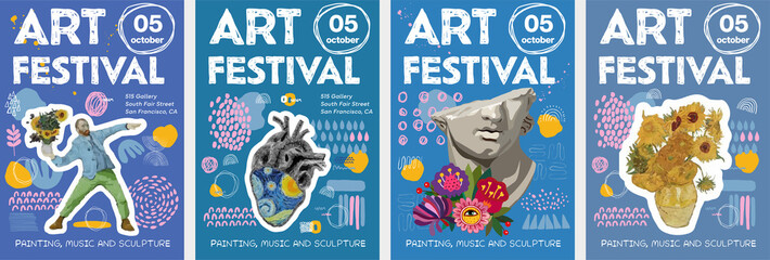 Art posters for art festival. Posters for art exhibition of painting, sculpture and music. Vector illustration of artist, artistic heart, greek sculpture with flowers, sunflowers - obrazy, fototapety, plakaty