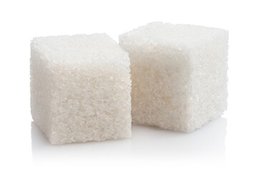 Two delicious white sugar cubes, isolated on white background