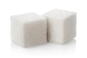 Two delicious white sugar cubes, isolated on white background