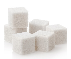 Delicious white sugar cubes, isolated on white background