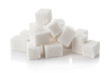 Delicious white sugar cubes, isolated on white background