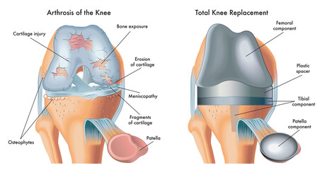 Medical illustration shows an arthrosis of the knee and total knee replacement, with annotations. - obrazy, fototapety, plakaty