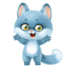 Cute cartoon fluffy gray kitten welcomes with raised paws isolated on a white background