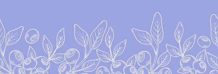 Vector seamless border with blueberries.Blueberry berries with twigs of leaves in a hand-drawn style