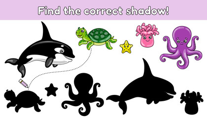 Find the correct shadow. Educational game for children. Vector illustration of cartoon sea animals. © Alyona-Simona