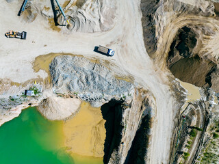 Dolomite Factory Plant Aerial View. Producing materials for construction industry, granite - gravel pit. Equipment for processing and crushing stones.