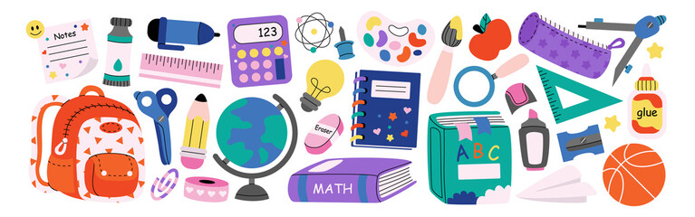 Set of study school supplies: backpack, pencils, brushes, paints, ruler, sharpener, stickers, calculator, books, glue, globe. Children's cute stationery subjects. Back to school. Flat illustration. - obrazy, fototapety, plakaty
