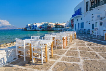 A restaurant overlooking Little Venice, Mykonos Island, Greece. Lunch and dinner overlooking the...