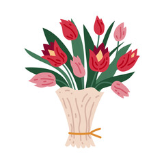 Beautiful bouquet with garden and wild flowers vector flat illustration. Blooming plants with stems and leaves isolated on white. Floral decoration or gift