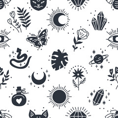 Elegant celestial seamless pattern with boho elements, moon, start, leaf, mystical elements in lineart style. Hippie chic background. Good for fabric, wrapping, textile, wallpaper, apparel.