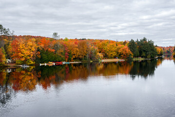 Wodeen jetties with adirondack chair on them along the forested shores of a lake on a cloudy autumn day. Stunning autumn colours and reflection in water.