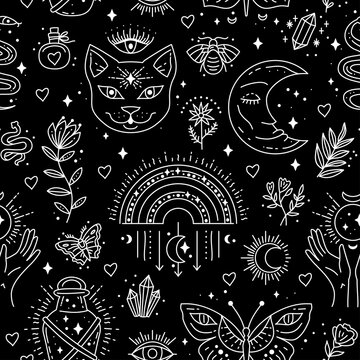 Magic boho symbols seamless pattern. Backdrop of gypsy sacred elements and sign in modern boho style. Minimal line art. Cat, moon, butterfly, bottle
