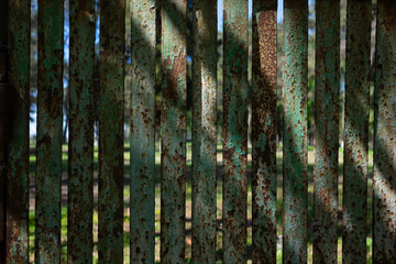 Rusty metal green fence. Background and copyspace.